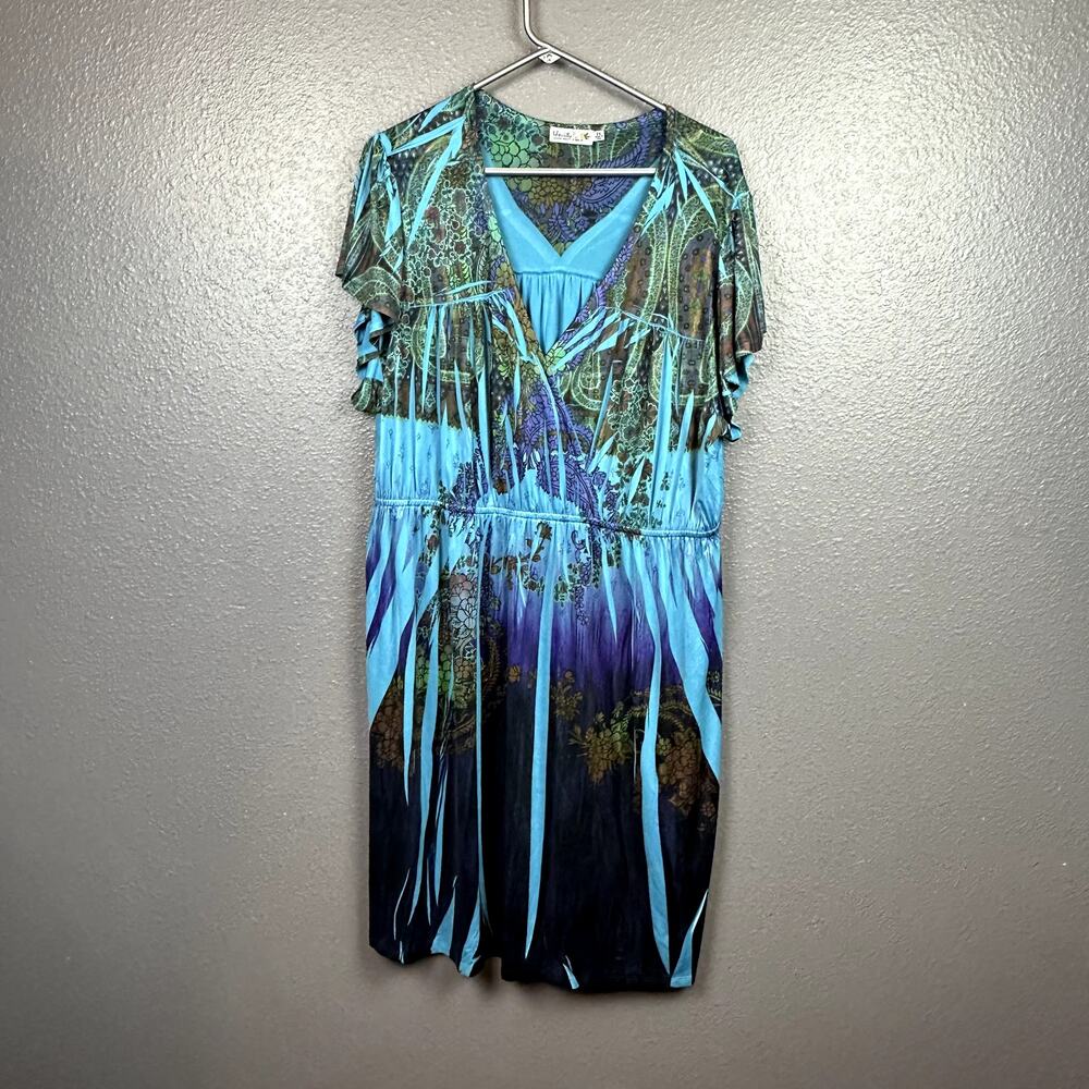 Unity World Wear Womens 3XL Blue Floral V Neck Mini Dress Stretch